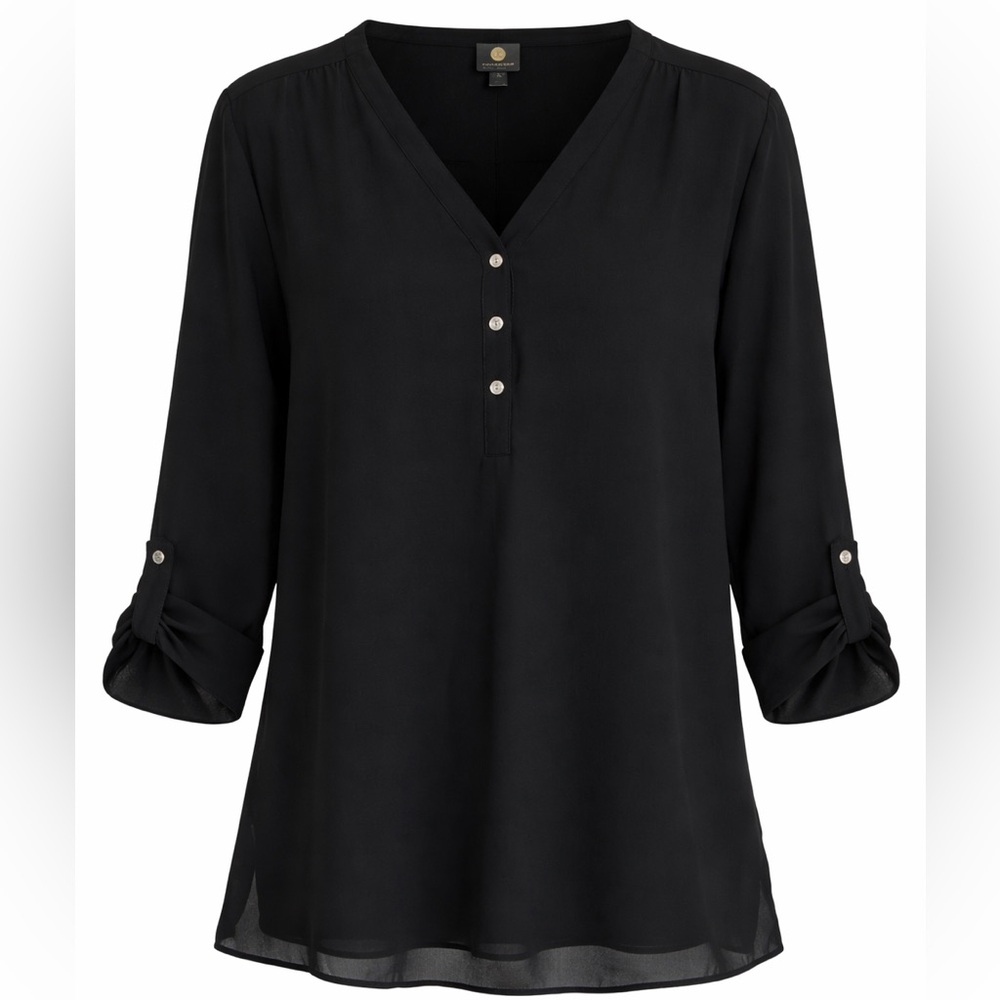 JM Collection Black‎ Semi-Sheer Blouse | Size L | Roll-Tab Sleeves